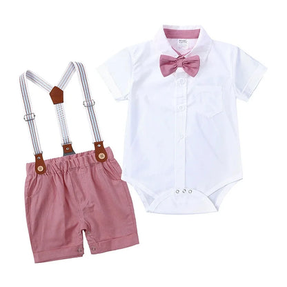 Baby Boy Formal Birthday Outfit Suit Toddler Gentleman Clothes Infant Short Sleeve Bowtie Shirt+Suspender Pants Casual Sets