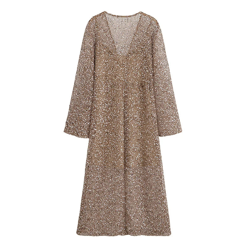 Sexy Sequined Long Pleated Dress Women Deep V-neck Full Sleeve See Through Dresses 2026 Summer Lady Party Evening Dresses ﻿