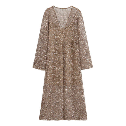 Sexy Sequined Long Pleated Dress Women Deep V-neck Full Sleeve See Through Dresses 2026 Summer Lady Party Evening Dresses ﻿