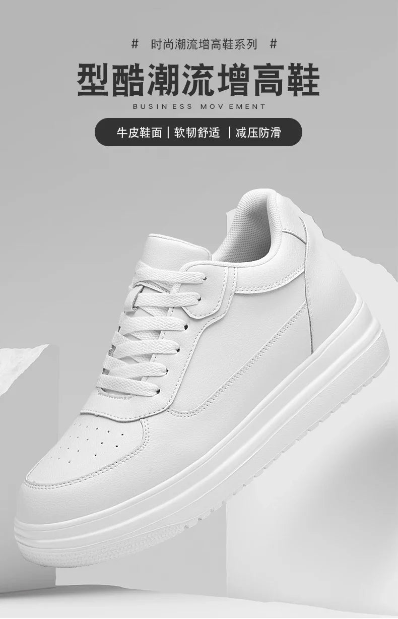Novos sapatos masculinos invisíveis para aumentar a altura, sapatos esportivos de 6 CM-8 CM-10 CM, sapatos esportivos de couro branco para homens, tamanhos ampliados 36-46