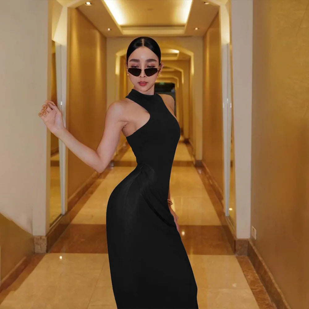 Satin Sexy Hollow Out Women Maxi Dress Black Sleeveless High Waist Dress Female Autumn Skinny Elegant Party Clubwear