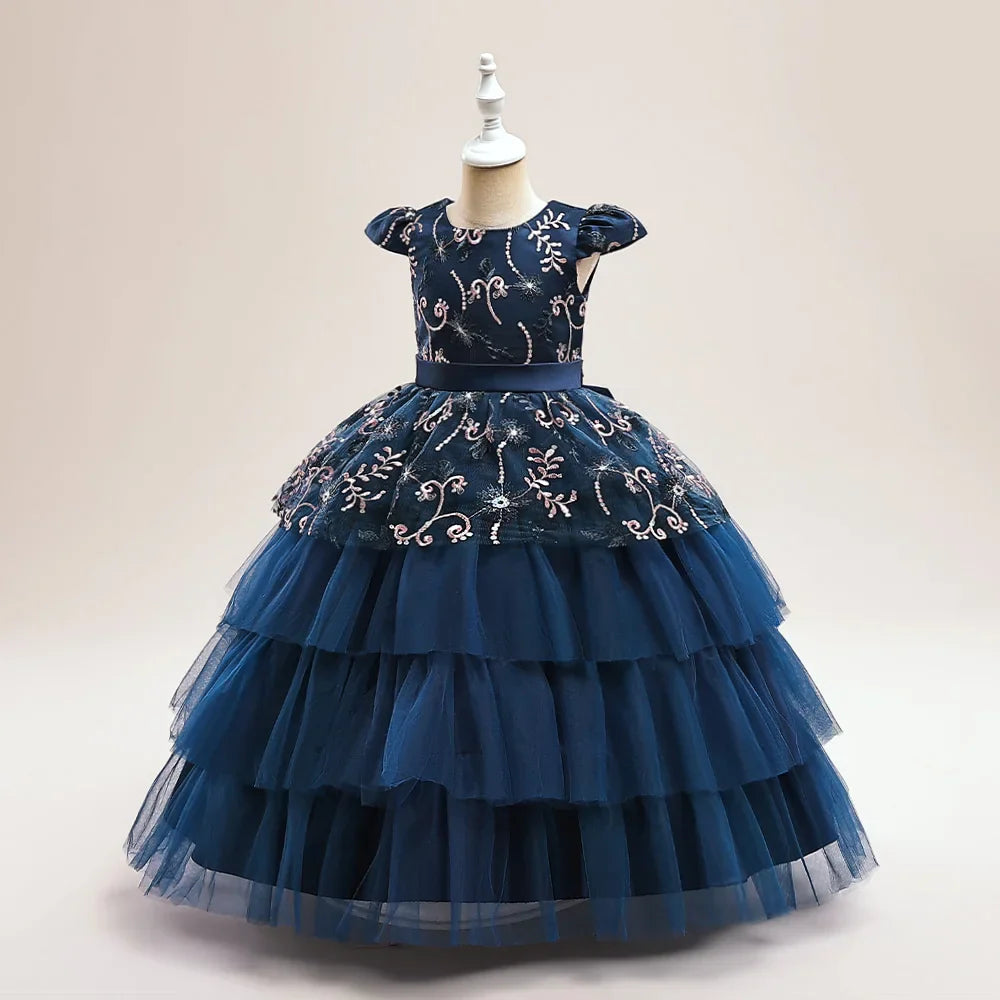 Vestidos de Festa para Meninas Daminhas de Flores de Verão Vestido Elegante de Tule para Casamento Princesa Formatura Vestido Infantil para Menina com Laço para Aniversário e Noite