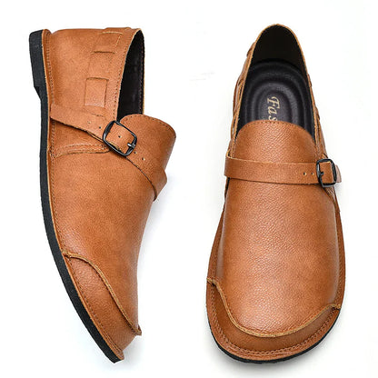 Sapatos Masculinos de Couro com Bico Largo e Sem Cadarço, Flats Casuais Minimalistas Antiderrapantes Primavera Verão Outono
