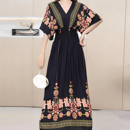 Flower V-neck Elastic Youthful Bohemian Sweet Midi Dress Woman Clothes Chic Fashion Summer Dresses 2025 Large Swing Ski