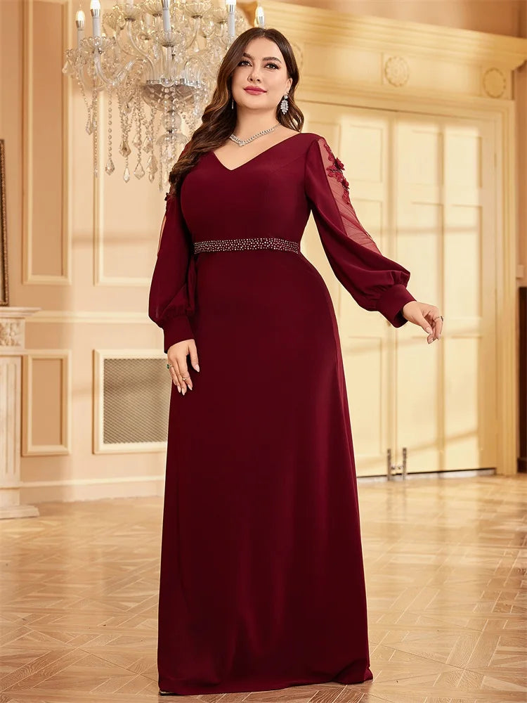 Plus Size Luxury V-Neck Red Long Sleeves Applique Formal Evening Dresses Women V-back Wedding Party Maxi Guest Gowns