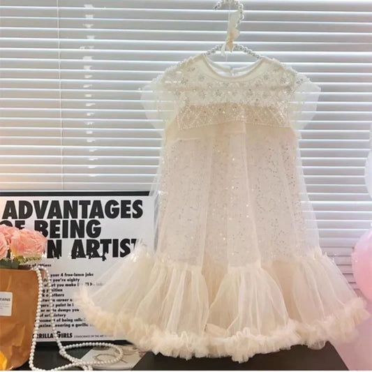 Vestidos de Princesa de Tule Super Fada para Meninas, Manga Curta, com Estrelas de Arco-Íris, Lantejoulas, Vestido Bolo, Infantil, de Malha, Fofo, para Festa de Aniversário