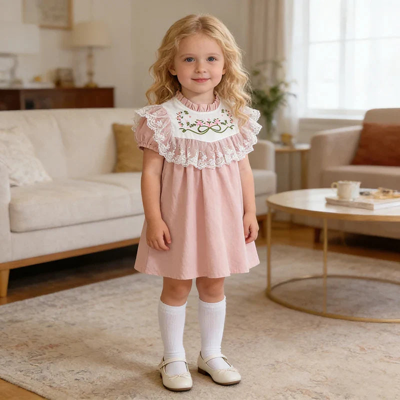 2026 New Summer Sister Clothing Short Sleeved Cotton Embroidery Kids Princess Dress 2-6Y Baby Girl Birthday Party Lace Dress