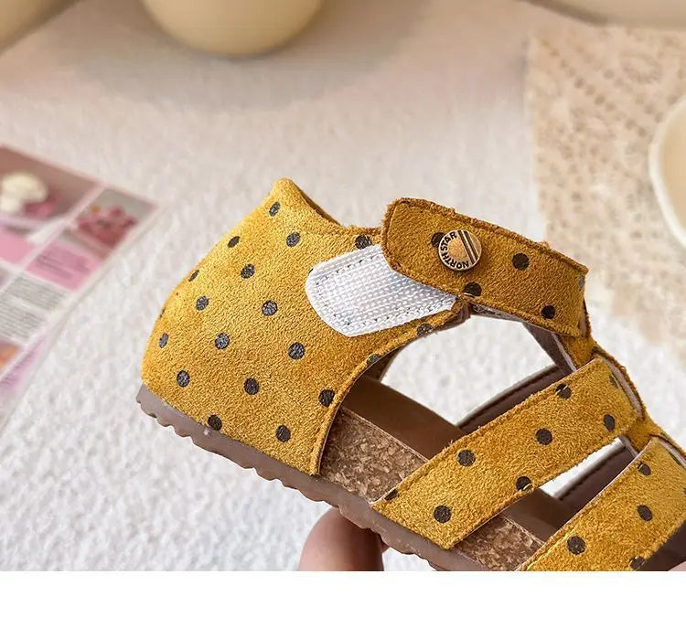 All Over Print Polka Dot Children Sandals for Girls Suede Leather Summer Students Holiday Shoes Girl Daily Shoes Cut-outs I05103