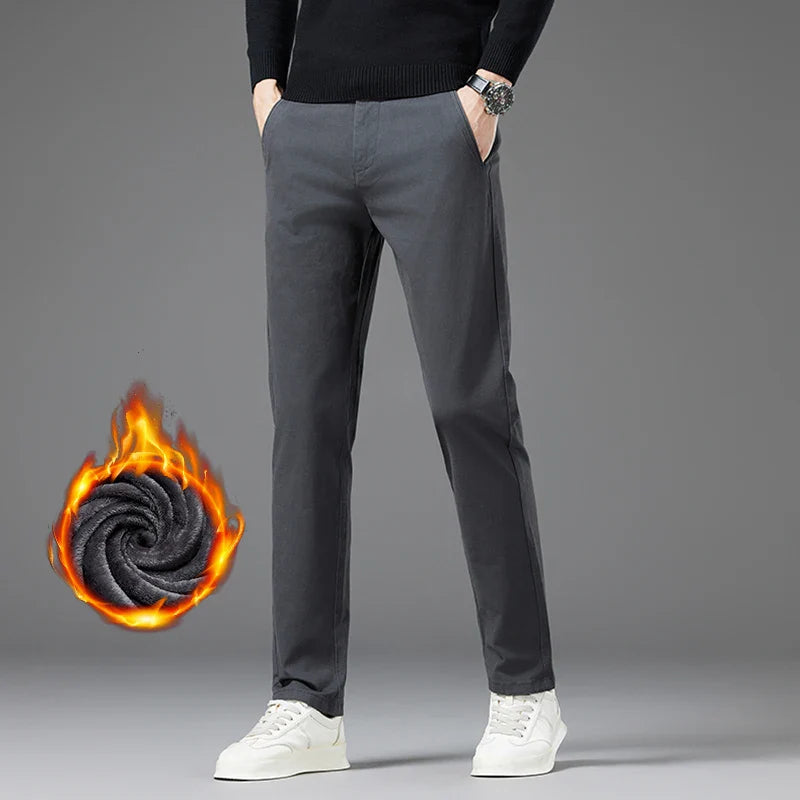 Winter Thickened Men's Velvet Casual Pants Fleece Warm Fashion Solid Color Straight Elastic Male Business Plush Pants