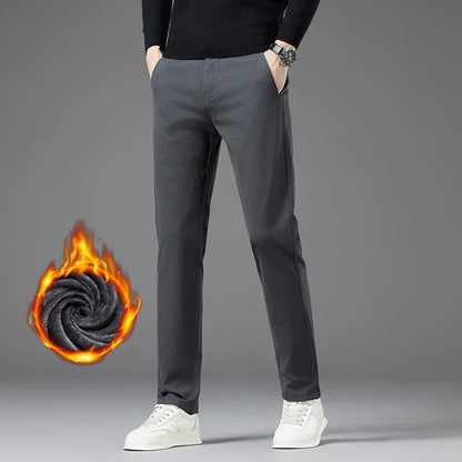 Winter Thickened Men's Velvet Casual Pants Fleece Warm Fashion Solid Color Straight Elastic Male Business Plush Pants