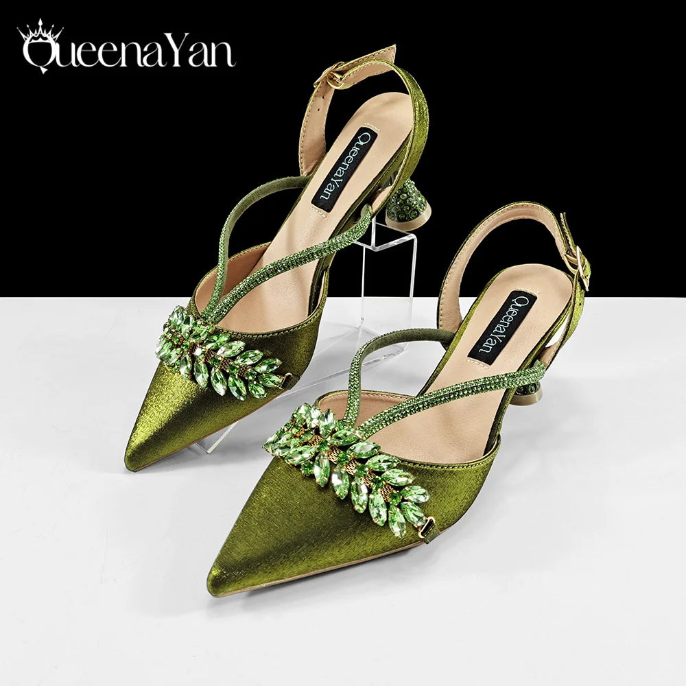 New Arrival Fashionable Olive Color Diamond Decorative Party Wedding Pointed Toe Women's High Heels and Bag Set