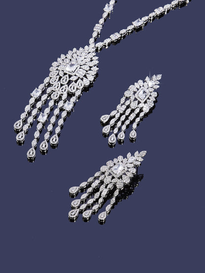 Long Sweater Chain Tassel Necklace Earring Set for Women Luxury Cubic Zirconia Bridal Jewelry Set Wedding Accessorie