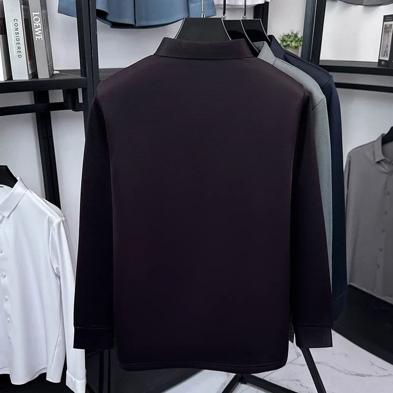 2025 Winter Men's Fashion New Collection with Velvet Long Sleeve T-shirt, Collar with Mulberry Silk and Wool Warmth POLO Sweater