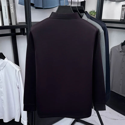 2025 Winter Men's Fashion New Collection with Velvet Long Sleeve T-shirt, Collar with Mulberry Silk and Wool Warmth POLO Sweater