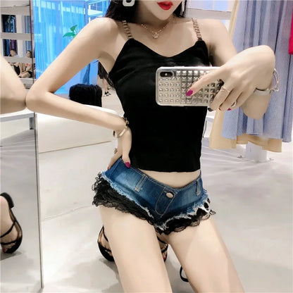 Pure Desire Sweet Spicy Girl Denim Shorts Lace Stitching Super Low Waist Sexy Hot Pants Slimming Women's Versatile Super Shorts