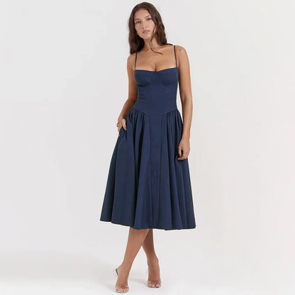 Women Elegant Sleeveless Backless Pleated Dresses Lady Sexy Solid Sling Midi Dress 2024 Female Party Evening A-line Robes