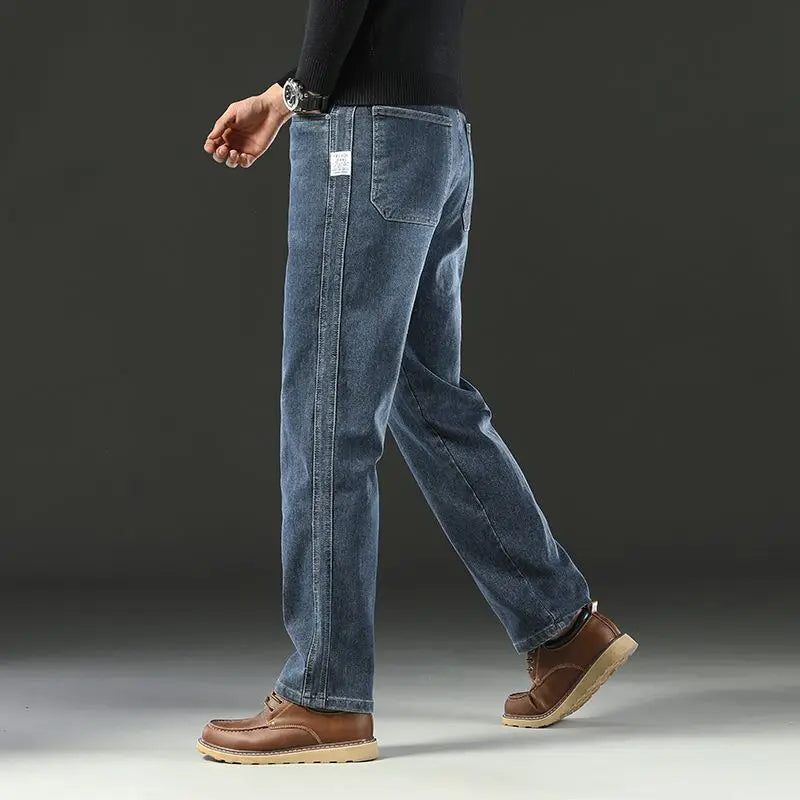 Men's Spring Autumn Soft Baggy Jeans Casual Straight Stretch Wide-Leg Business Denim Pants Versatile Comfortable Loose Trousers
