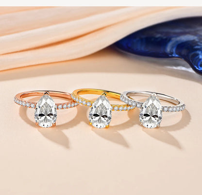 New D Color Moissanite Rings Pear Cut 3.0ct S925 Sterling Silver Classic Wedding Engagement Ring for Women Fine Jewelry