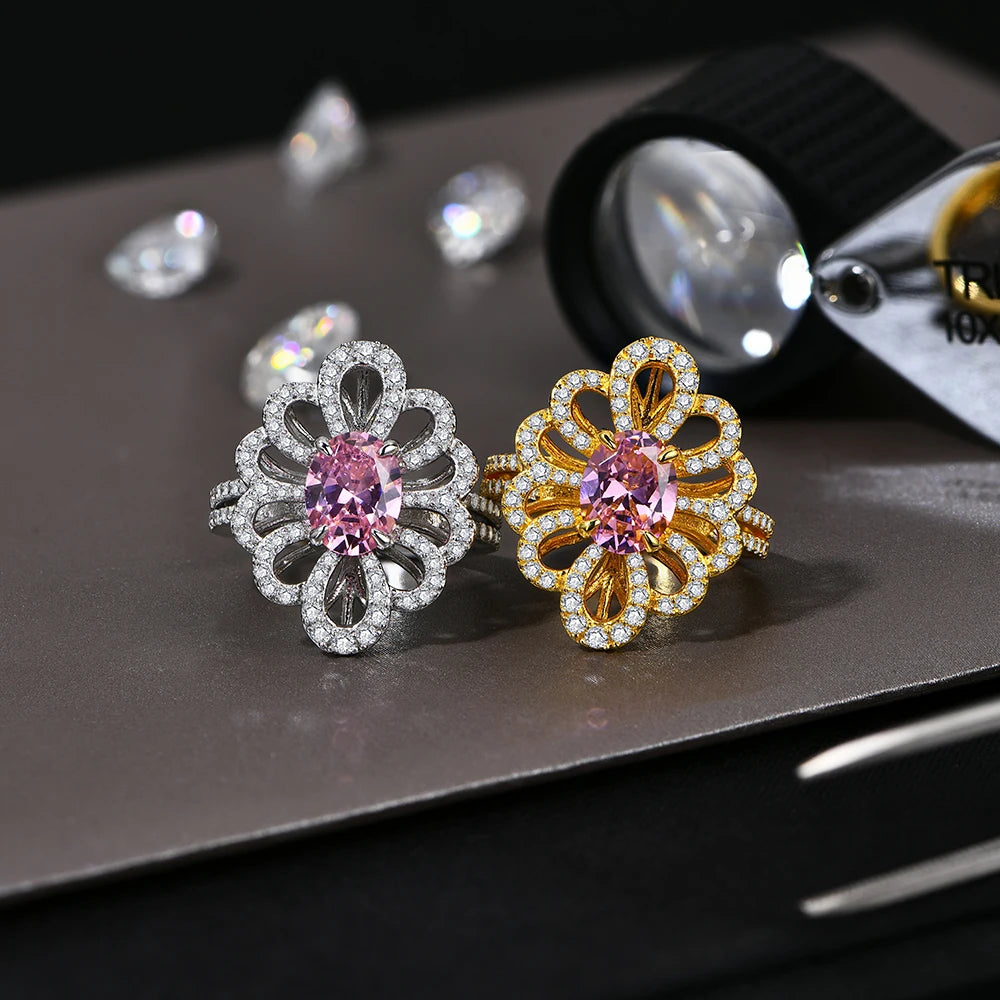 Luxury D VVS1 Moissanite Rings for Women Created Pink Zircon S925 Sterling Silver Flower shape Engagement Wedding Gift