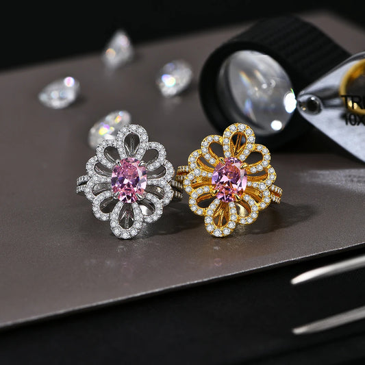 Luxury D VVS1 Moissanite Rings for Women Created Pink Zircon S925 Sterling Silver Flower shape Engagement Wedding Gift
