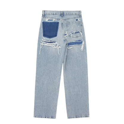 Women's Street Fashion Denim Blue Jeans Distressed Patchwork High Waist Zipper Fly Ripped Retro Long Pants