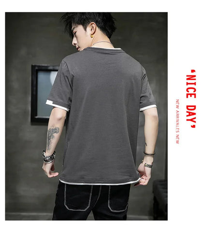 Classic Fake Two Short Sleeved Men's Pure Cotton T-shirt, Men's Summer Men's Interior Matching Trendy Brand T-shirt