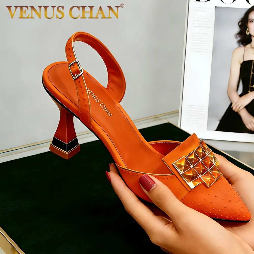 Luxury Mineral Blue Slingback Heels for Women Venus Chan Rhinestone Pointed Toe Pumps Wedding Party Dress Shoes