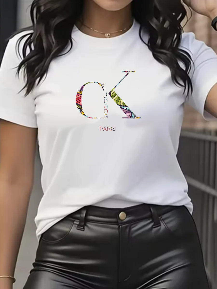 Summer luxury brand fashion cartoon letter print crew collar clothing short sleeve T-shirt  trend women's summer Y2K top