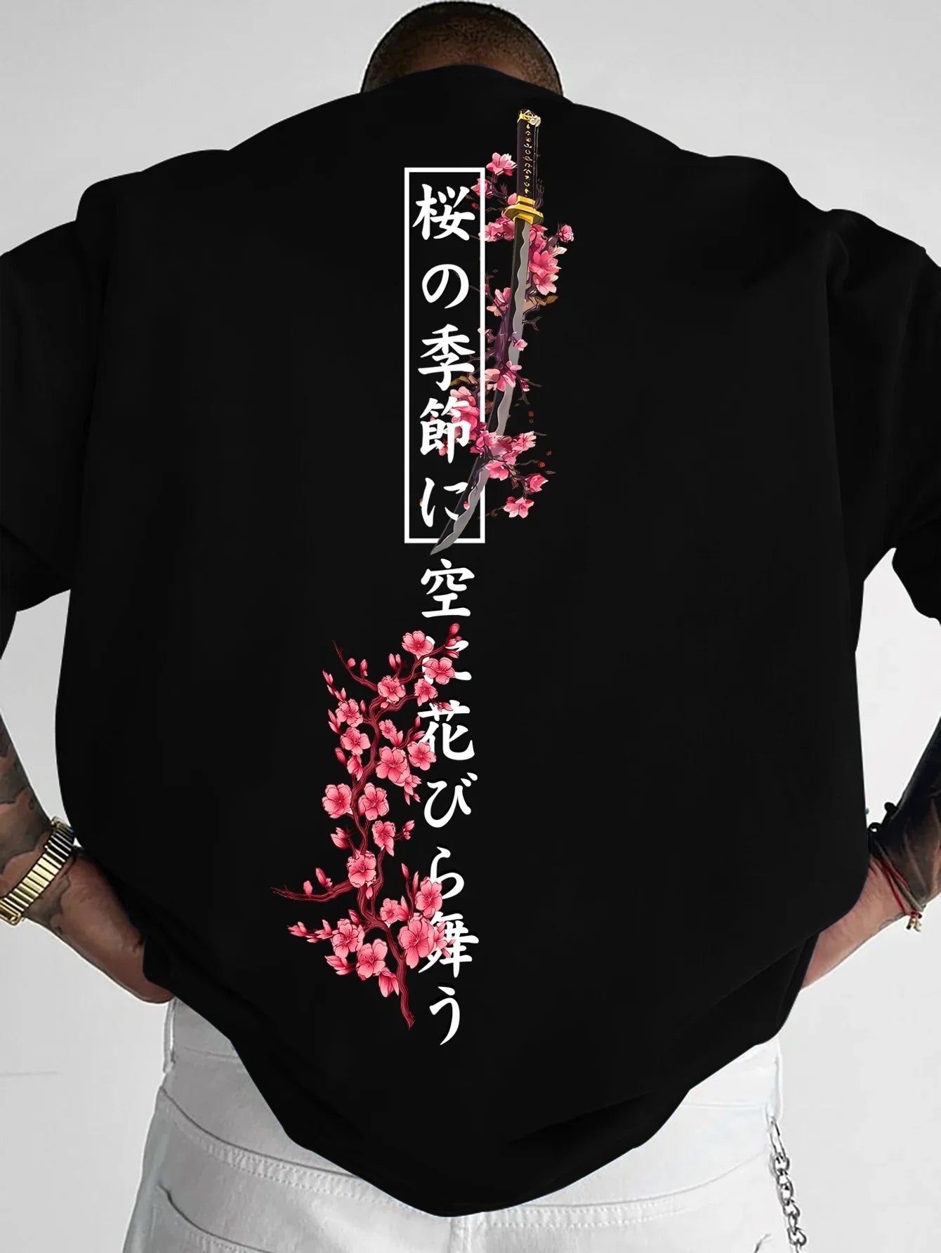 American-style Men Summer Loose T-shirt Suitable for Daily Wear Cherry Blossom and Samurai Sword Patterns  100% Pure Cotton