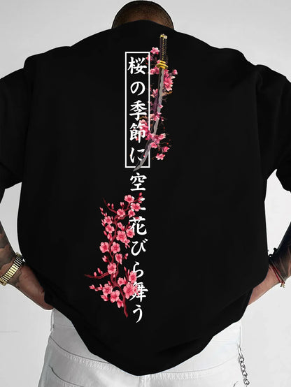 American-style Men Summer Loose T-shirt Suitable for Daily Wear Cherry Blossom and Samurai Sword Patterns  100% Pure Cotton