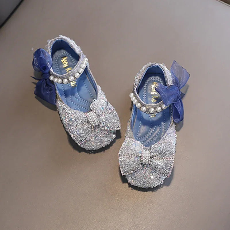 Toddler Girl's Princess Shoes Sequins Lace Bowknot 21-36 Children Mary Janes Three Colors Luxury Trendy Party Kids Shoes Flats