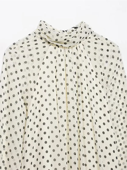 New Women Bow Collar Blouse Vintage Polka Dot Printed Loose Tops Fashion Elegant Spring Long Sleeve Commuting Shirts