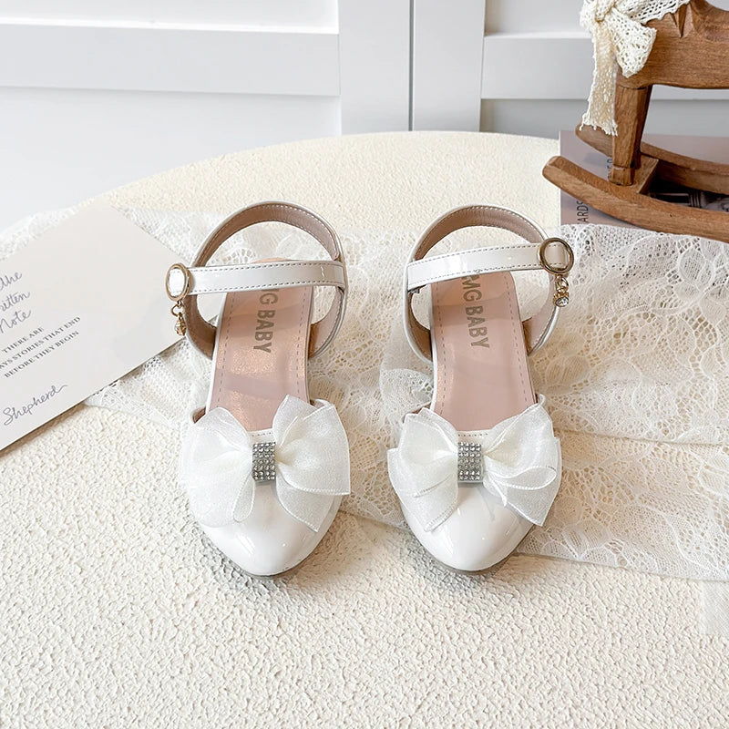 Girls Sandals Fashion Bow Girls High Heels Pink Kid Non-slip Princess Performance Shoes 3-18 Years Old Children's Leather Shoes