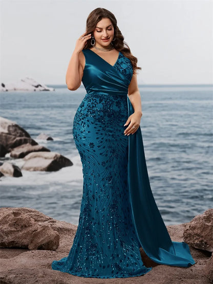 Plus Size Elegant V-neck Splice Sequins Evening Dress Sleeveless Mermaid Formal Luxury Party Streamer Cocktail Gown