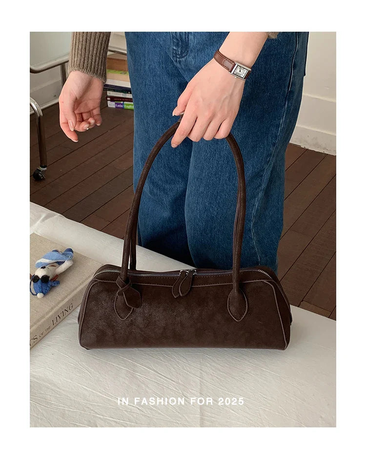 Vintage Suede Long Shoulder Bag 2026 New Women Shoulder Bag Luxury Ladies Handbag Female Commuter Shopping Underarm Bag