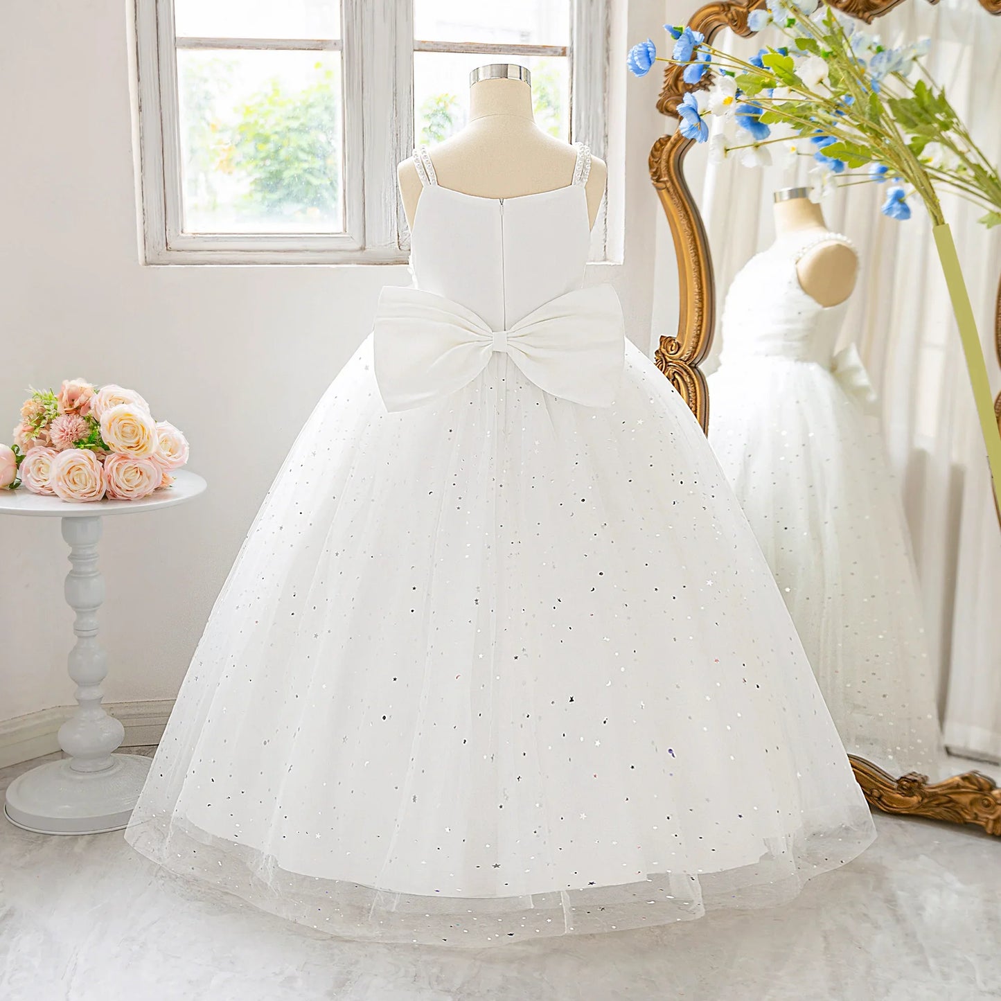 Elegant Sequins Bridemaids Girl Dress Summer Big Bow Tulle Wedding Princess Party Prom Dresses Girls Birthday Evening Ball Gown