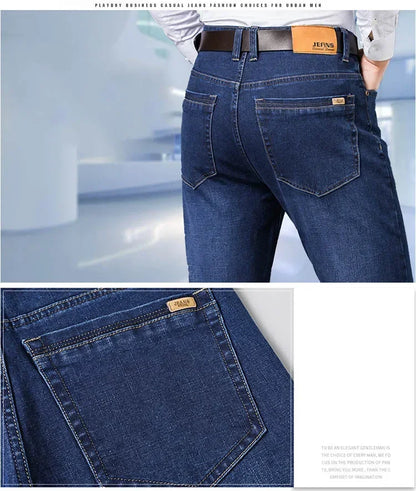 Tamanhos Grandes 40 42 44 46 2025 Nova Calça Casual Social Elástica Calça Jeans Azul Clássico Masculina Calça Jeans Solta Reta Masculina