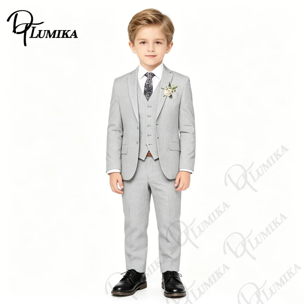Boys’ Slim Fit 4-Piece Gray Suit Set for Weddings & Formal Events