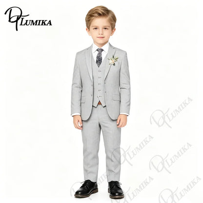 Boys’ Slim Fit 4-Piece Gray Suit Set for Weddings & Formal Events
