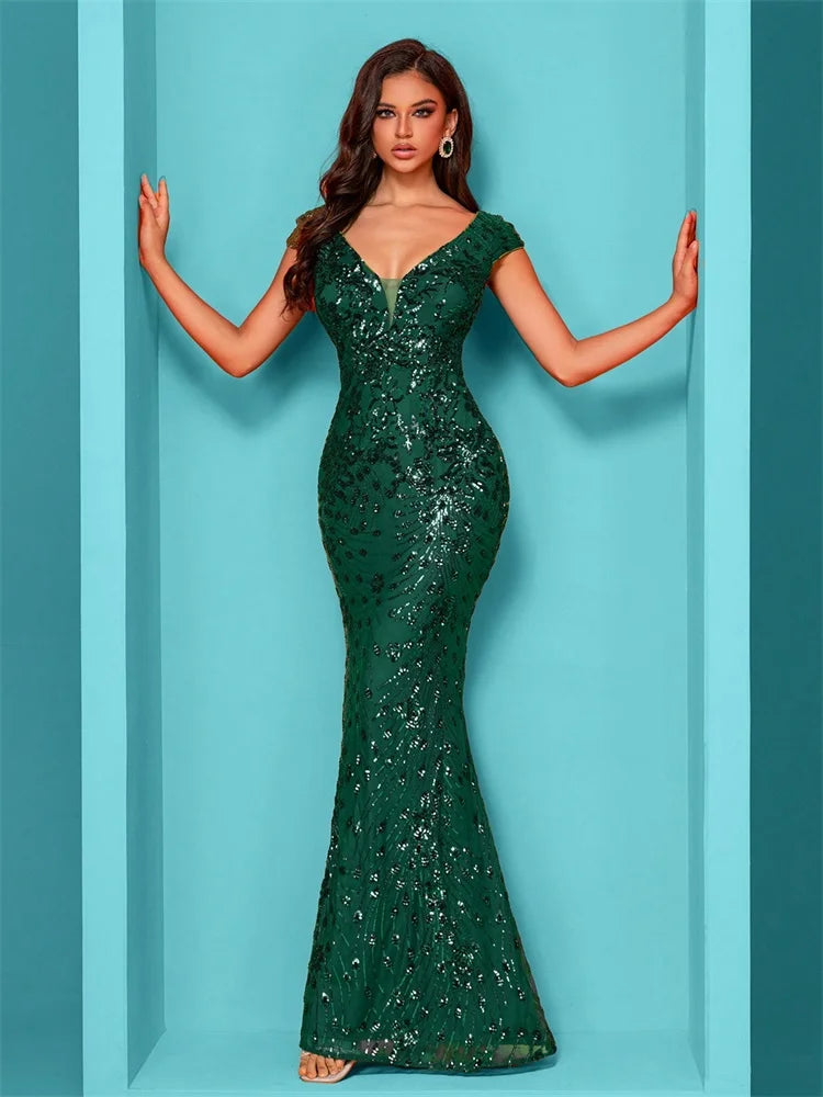Elegant Cap sleeve Green Formal Sequins Evening Dress Women 2025 Luxury Long Mermaid V-neck Prom Graduation Party Gowns