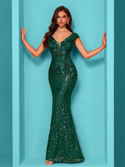 Elegant Cap sleeve Green Formal Sequins Evening Dress Women 2025 Luxury Long Mermaid V-neck Prom Graduation Party Gowns