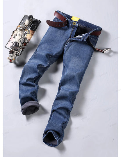 High Quality Winter Thermal Warm Flannel Jeans Men Famous Brand Fleece Denim Pants Straight Flocking Trousers Male Plus Size 40