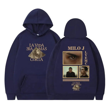 Rapper Milo J Oversized Hoody Album La Vida Era Mas Corta Print Hoodie Men Women Harajuku Pullover Long Sleeves Thick Sweatshirt