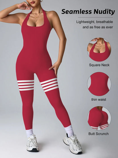 Women Line Backless Gym Yoga Jumpsuits Training Yoga Butt Lifting Workout Fitness Halter Rompers Bodysuita