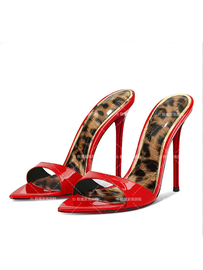 2025 New Leopard Pattern Pointed High Heels for Women, Ultra fine Heels, Slippers with Bare Toes, Half Dragged, Simple Sandals