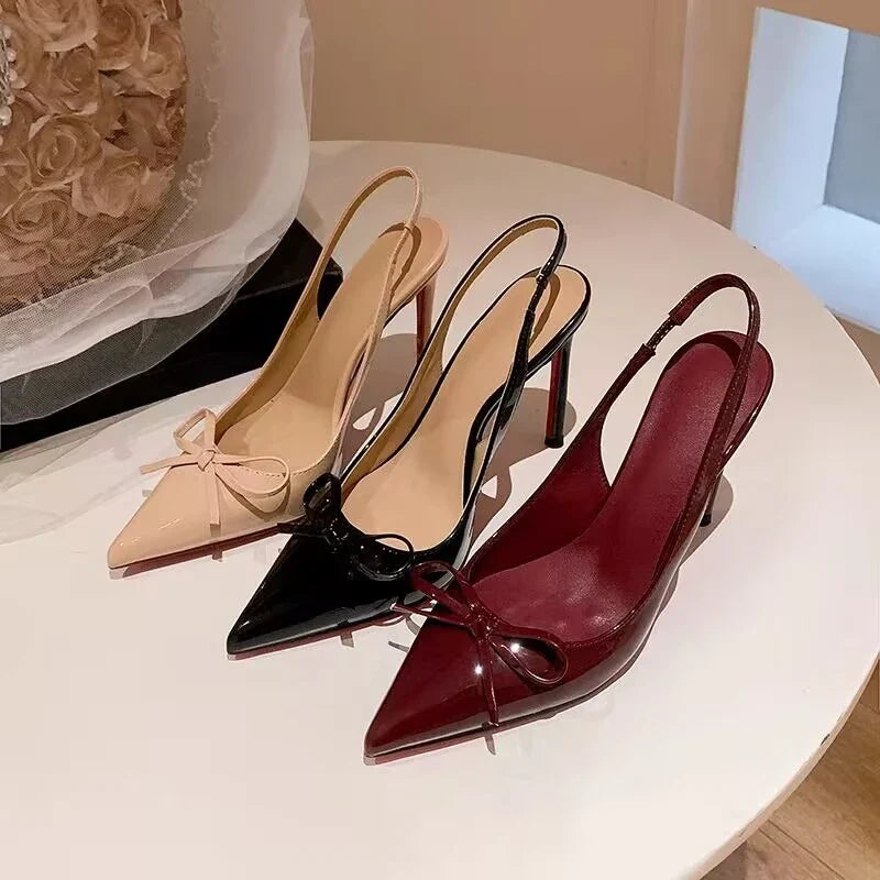 Leather Women's High Heels 2026 Summer New Style Bow-tie Pointed Toe Sandals Sexy Striptease Party High Heels