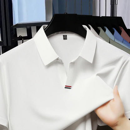 High quality brand solid color V-neck short sleeve polo shirt men summer fashion simple casual ice silk breathable lapel T-shirt