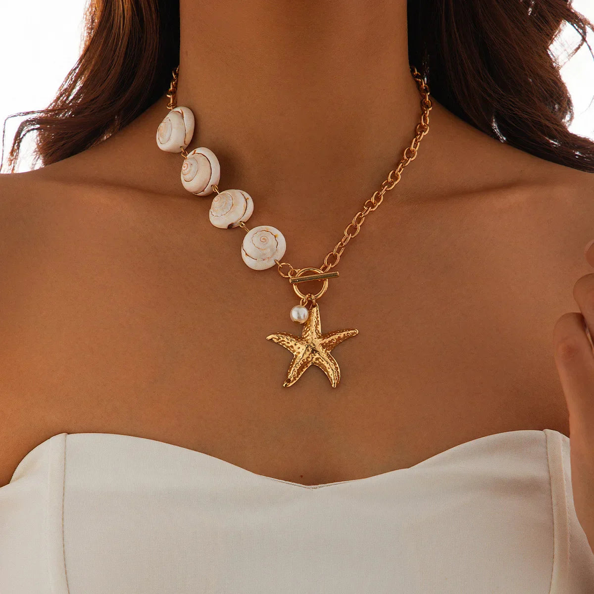 Retro Starfish White Shell Conch Pendant Necklace  Women 2024 Simple Creative Colorful Stones  Hand Woven beach Jewelry Girls