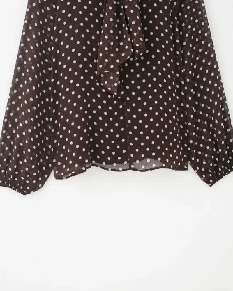 Elegant Women Polka Dot Blouse, Spring Bow Tie Lantern Sleeve Layered Neck Chiffon Shirt, Casual Daily Office Top