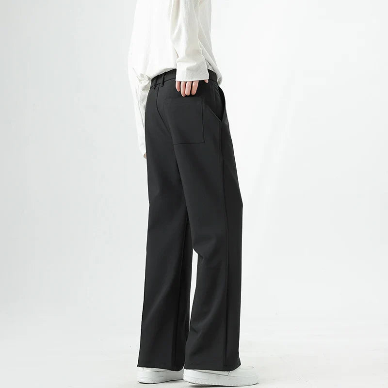 Men's Korean Fashion Small Flared Suit Pants Elastic Waist Drape Loose Straight Solid Color Business Office Casual Male Trousers